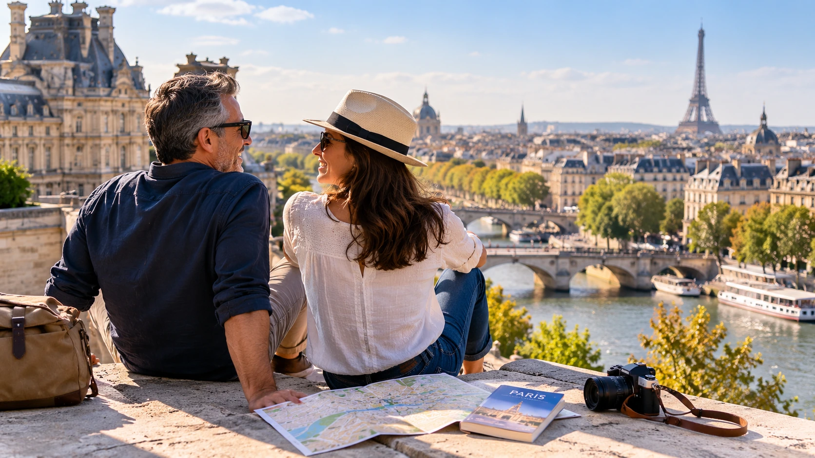 Travelers relaxing above the Seine with a Paris map, guidebook and camera after sightseeing