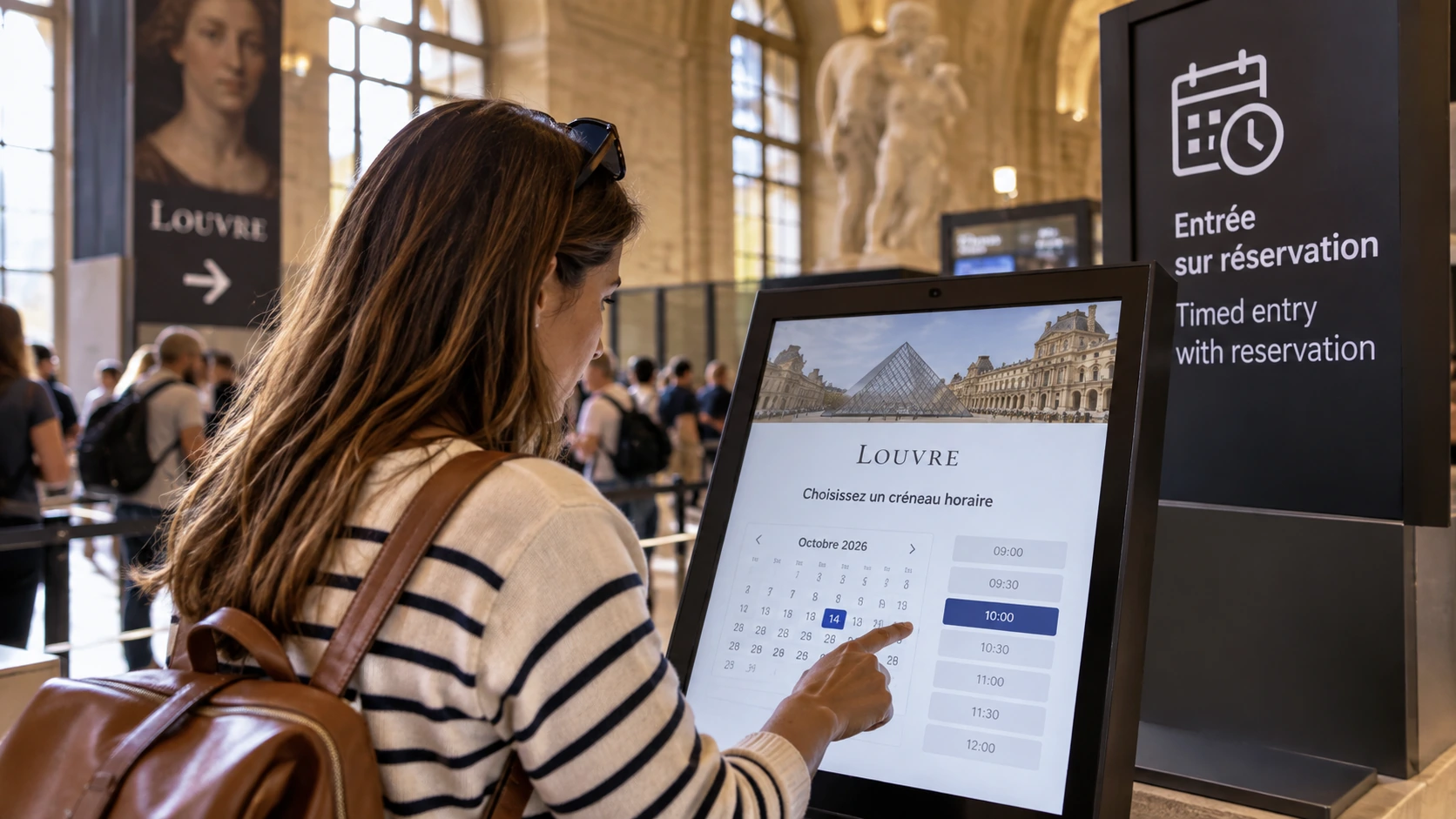 Traveler selecting a timed Louvre entry reservation inside the museum
