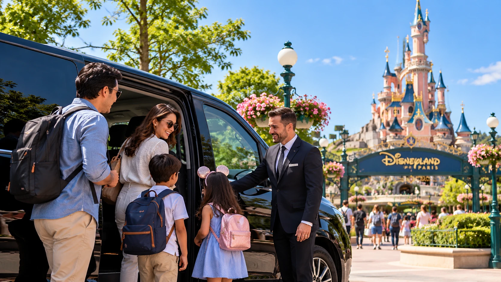 Family arriving by private transfer for a day at Disneyland Paris as a driver helps them from a waiting van.