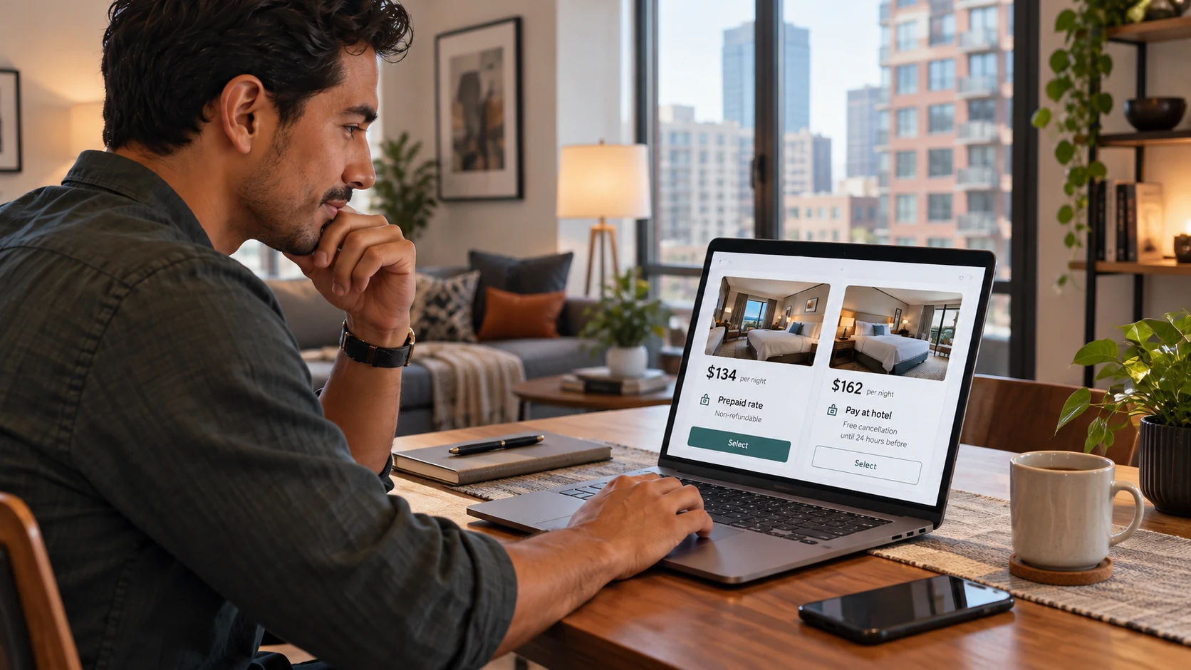 Traveler comparing a prepaid hotel rate with a more flexible pay-at-hotel option on a laptop