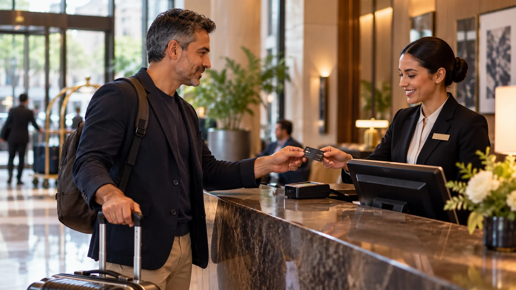 Traveler presenting a credit card at a hotel front desk during check-in