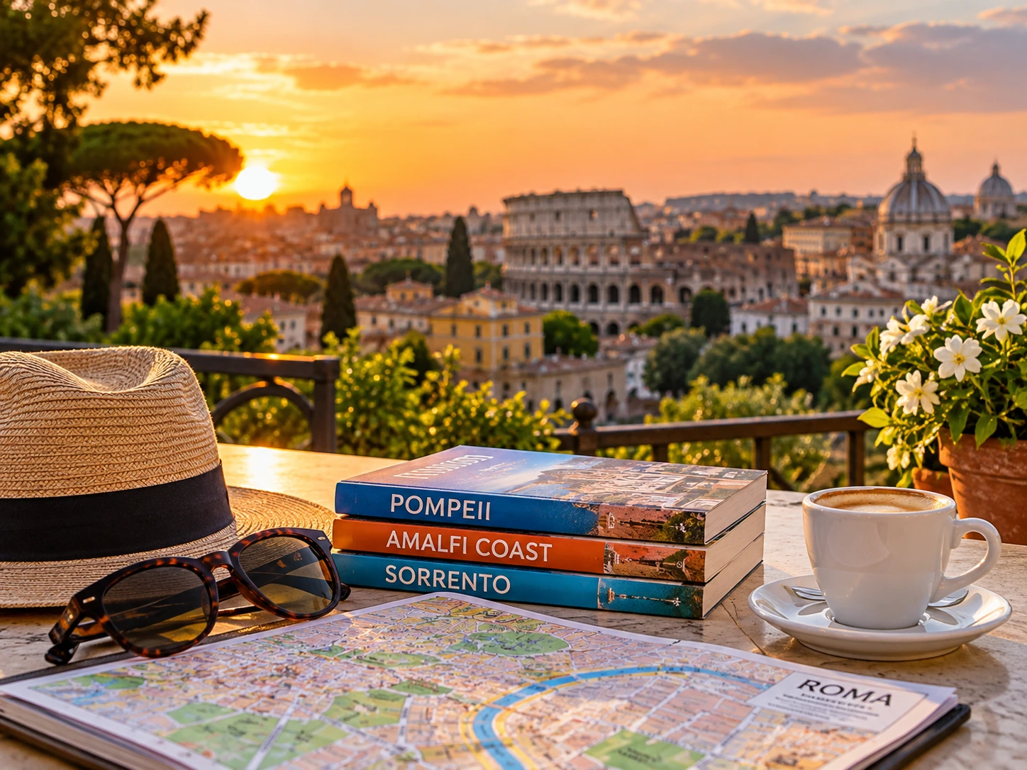 Rome travel planning essentials with guidebooks for Pompeii, the Amalfi Coast and Sorrento overlooking the city at sunset