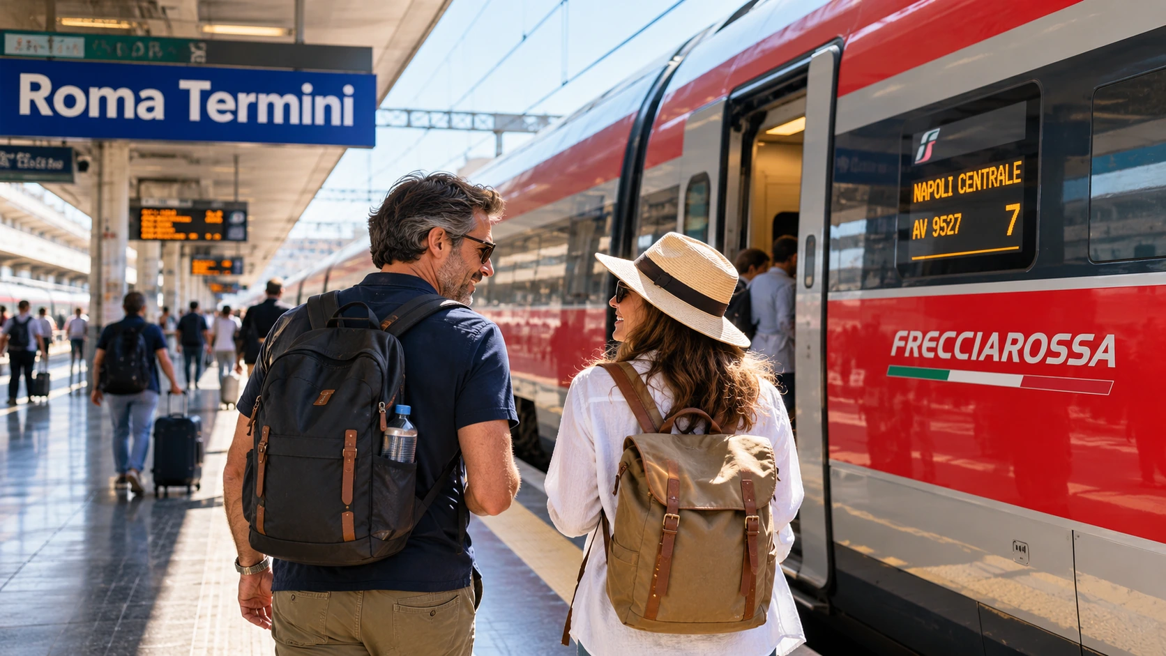 Travelers preparing to board a high-speed train at Rome Termini for a Pompeii day trip