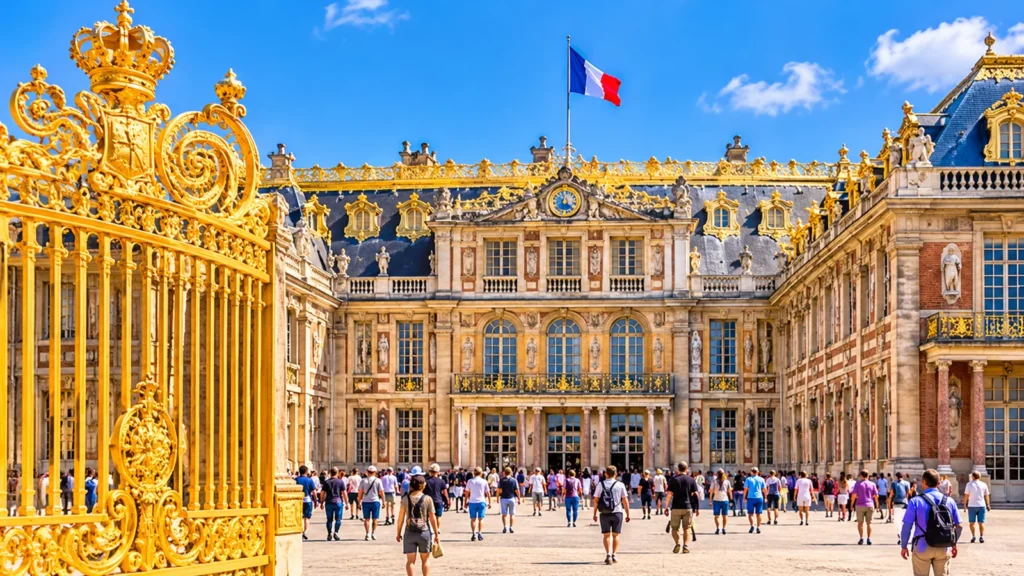 Palace of Versailles golden gates and courtyard under a blue sky with visitors approaching the entrance
