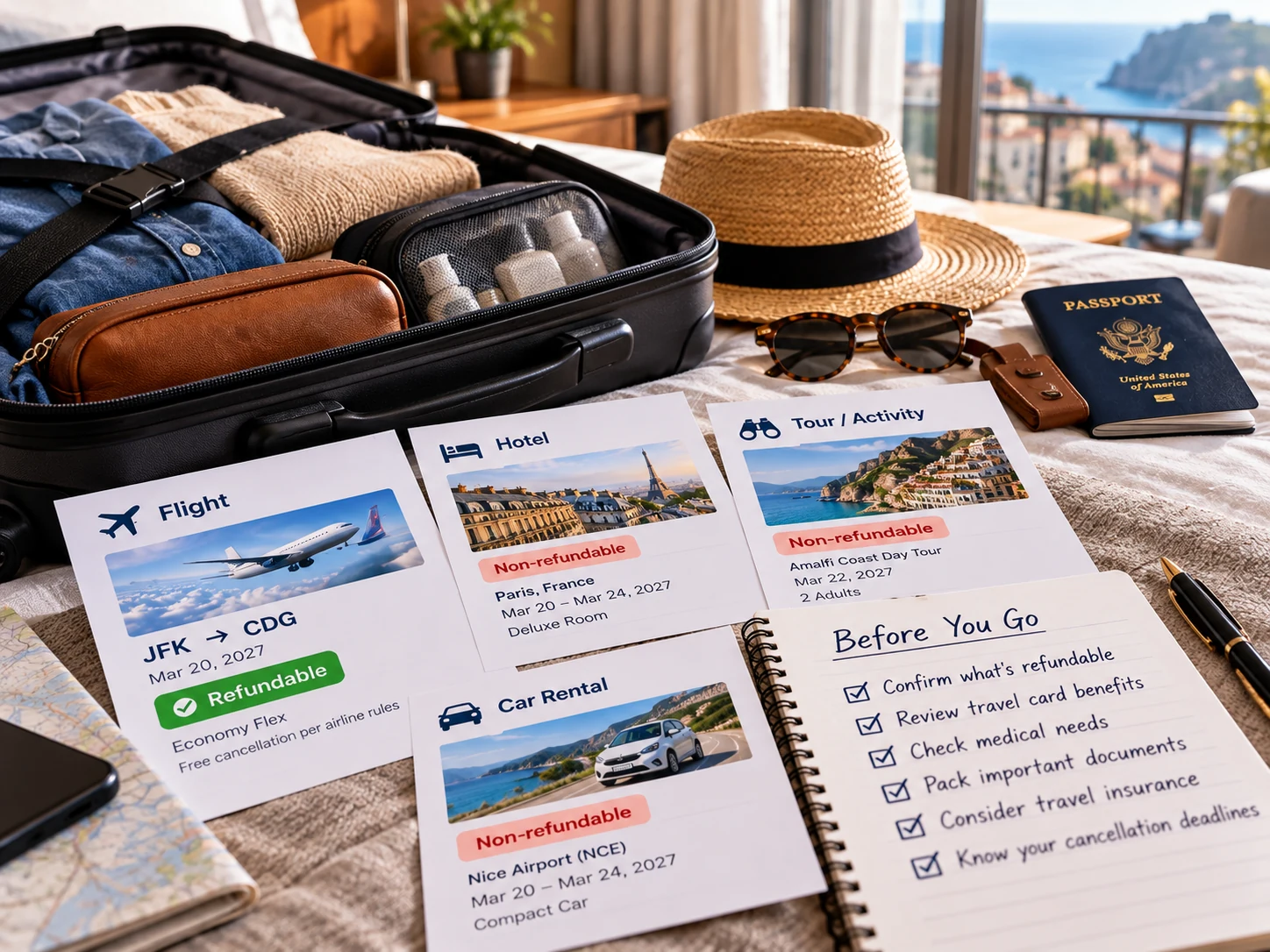 Open suitcase with refundable and non-refundable trip bookings, passport, and pre-trip checklist