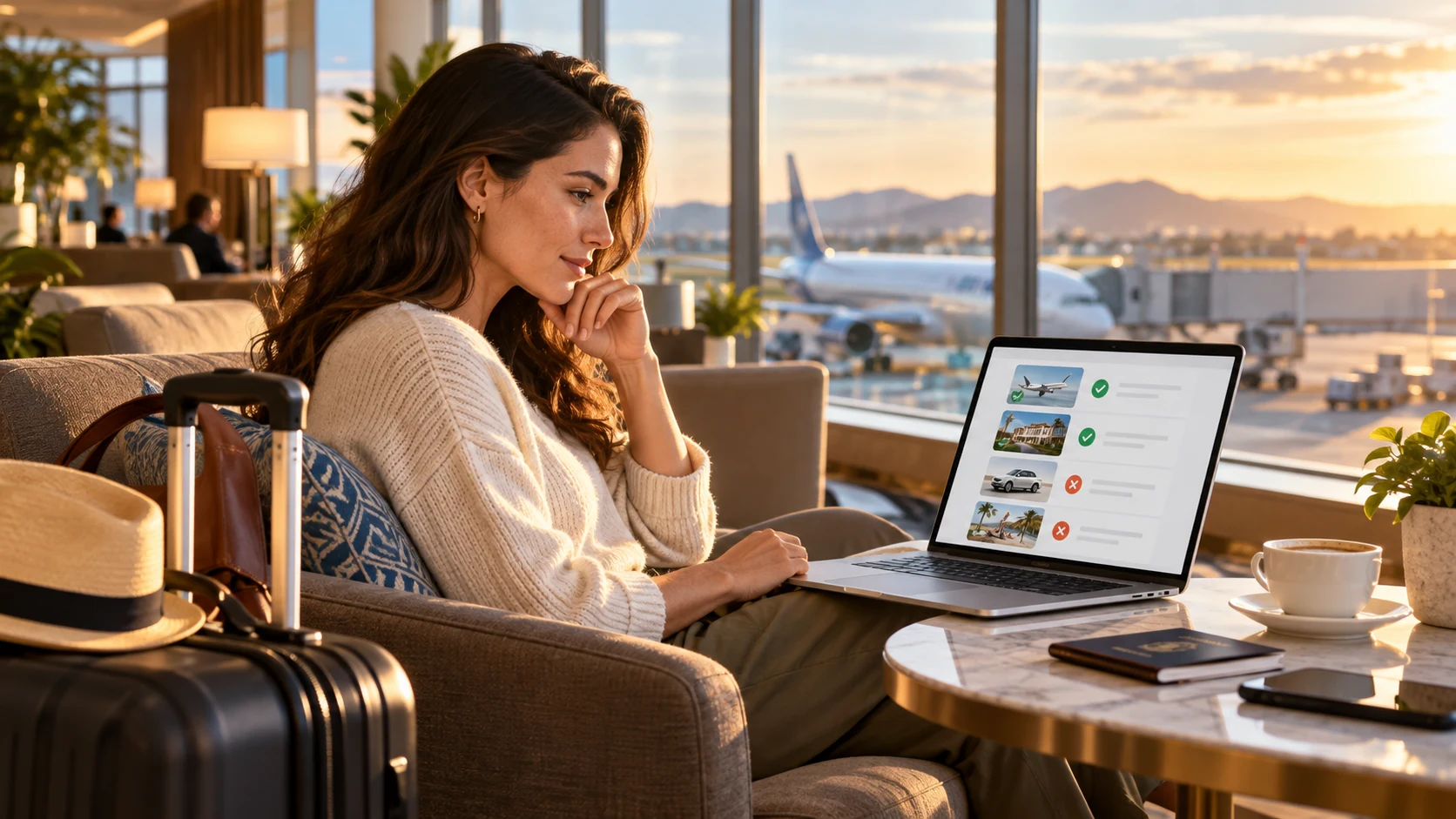 Traveler reviewing refundable and non-refundable trip bookings on a laptop in an airport lounge