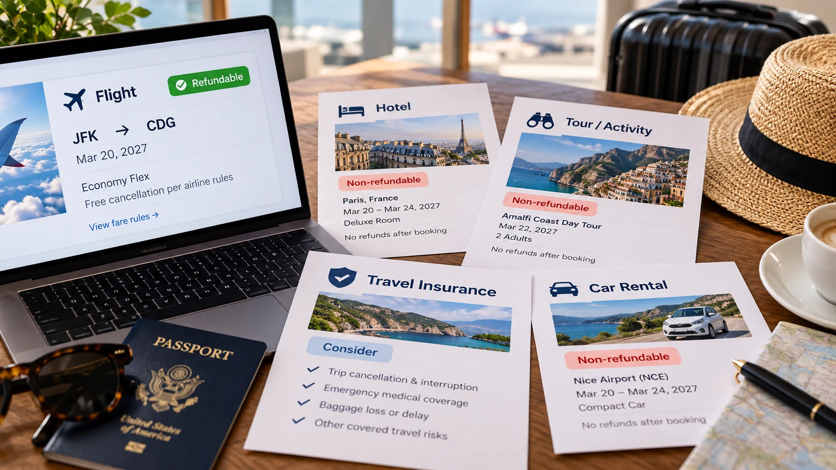 Refundable flight booking shown beside non-refundable hotel, tour, and rental car reservations