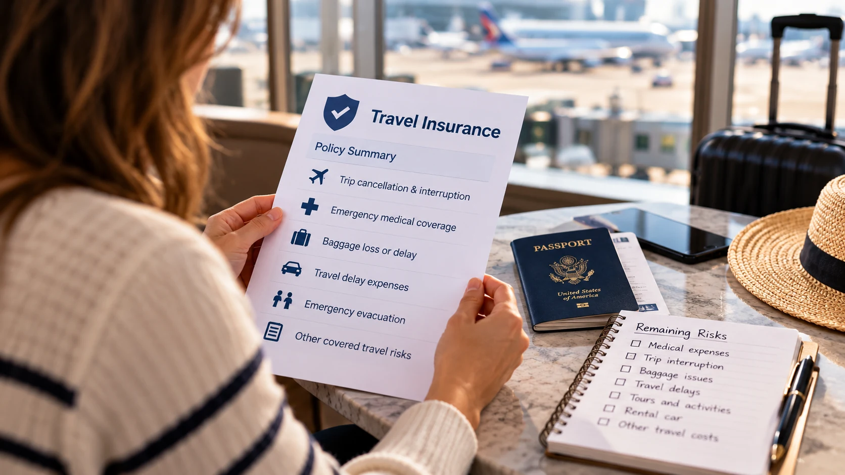 Traveler reviewing a travel insurance policy summary and remaining trip risks at an airport