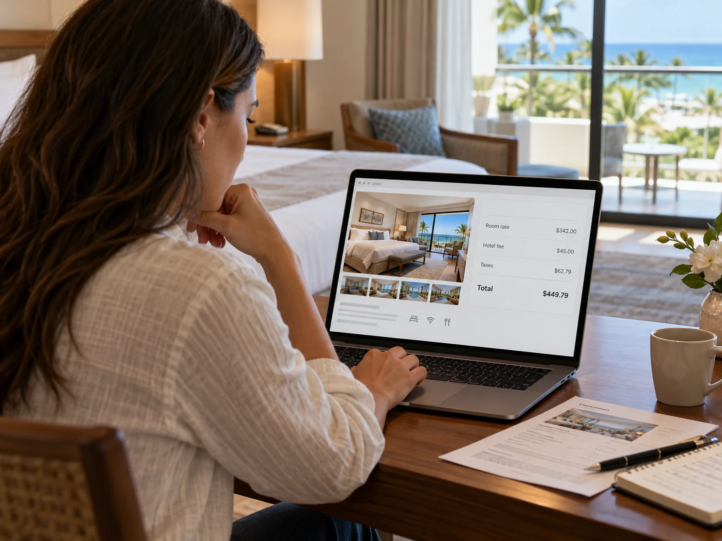 Traveler reviewing a hotel booking with the room rate, hotel fee, taxes, and total price