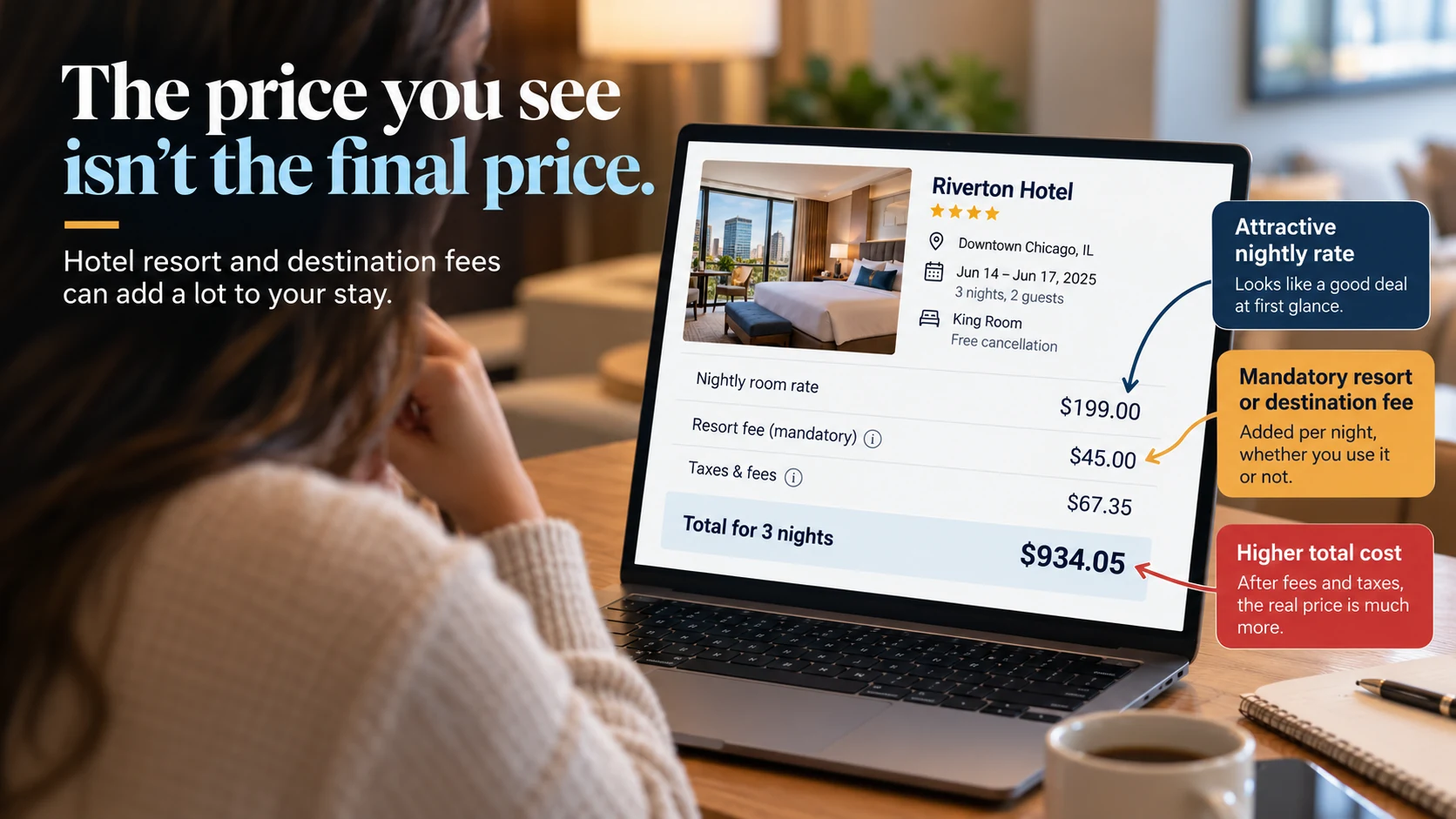 Hotel booking screen showing how resort and destination fees increase the final price