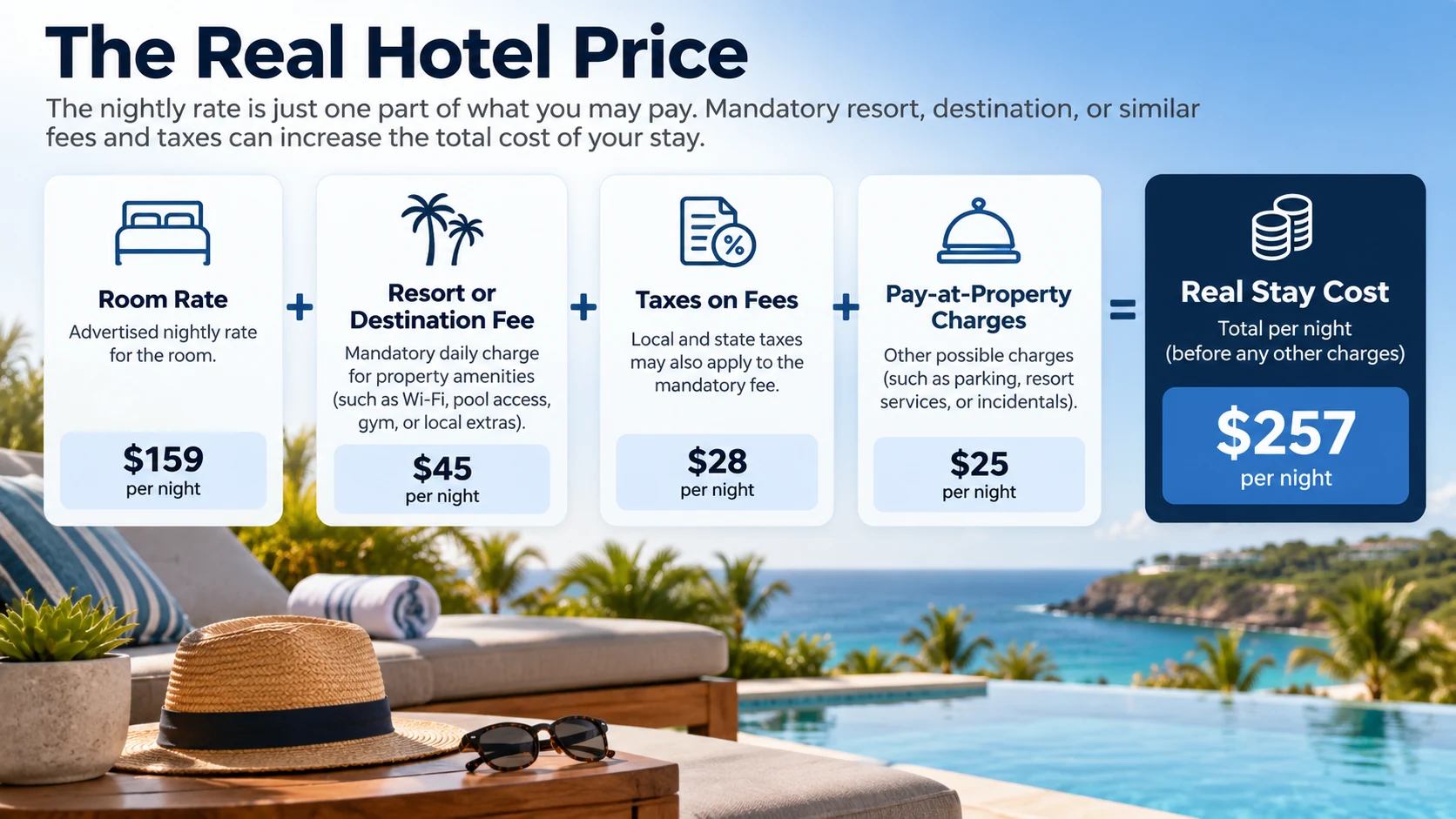Hotel price breakdown showing room rate, resort or destination fee, taxes, and property charges