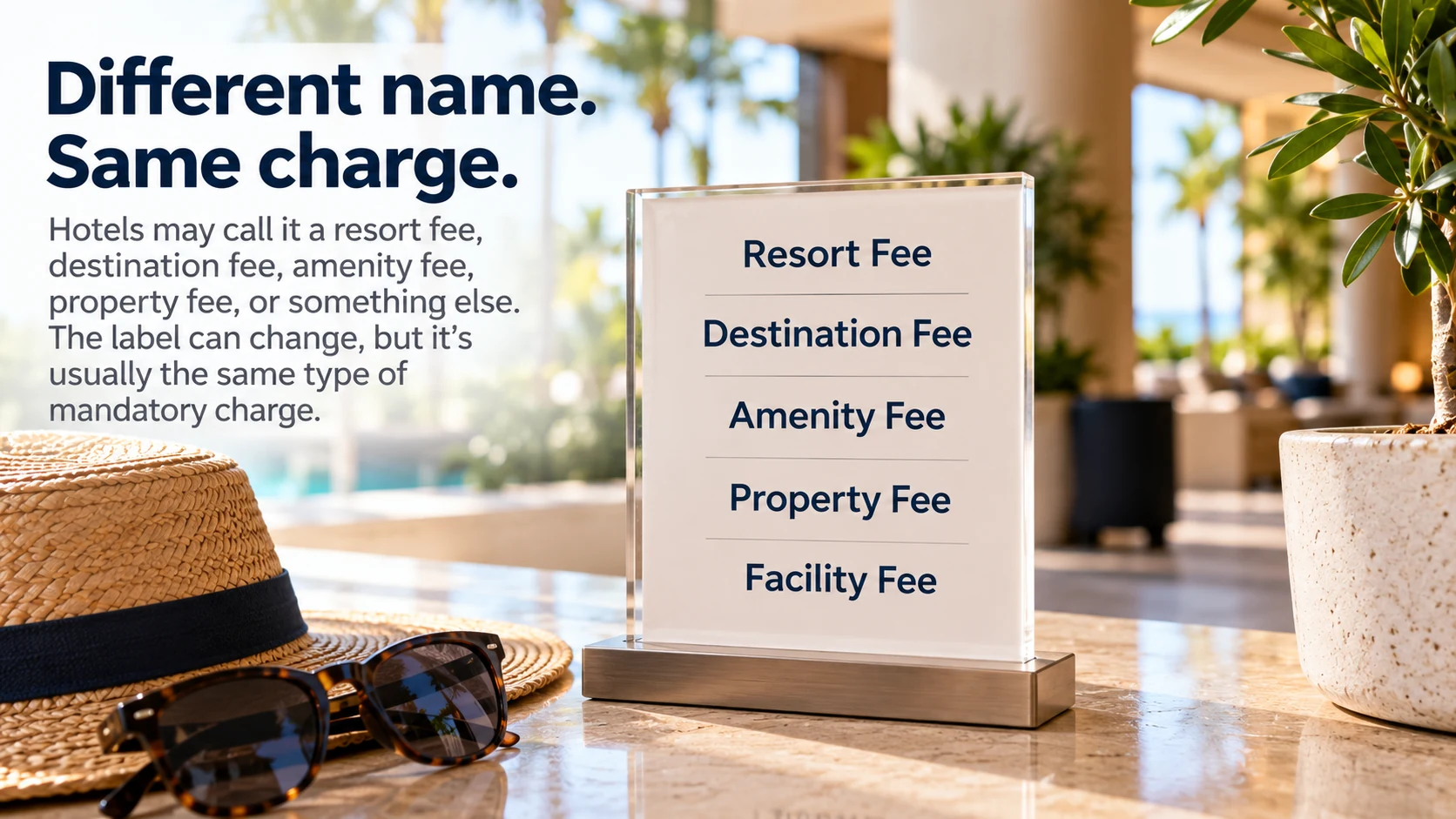 Hotel fee sign showing resort fee, destination fee, amenity fee, property fee, and facility fee