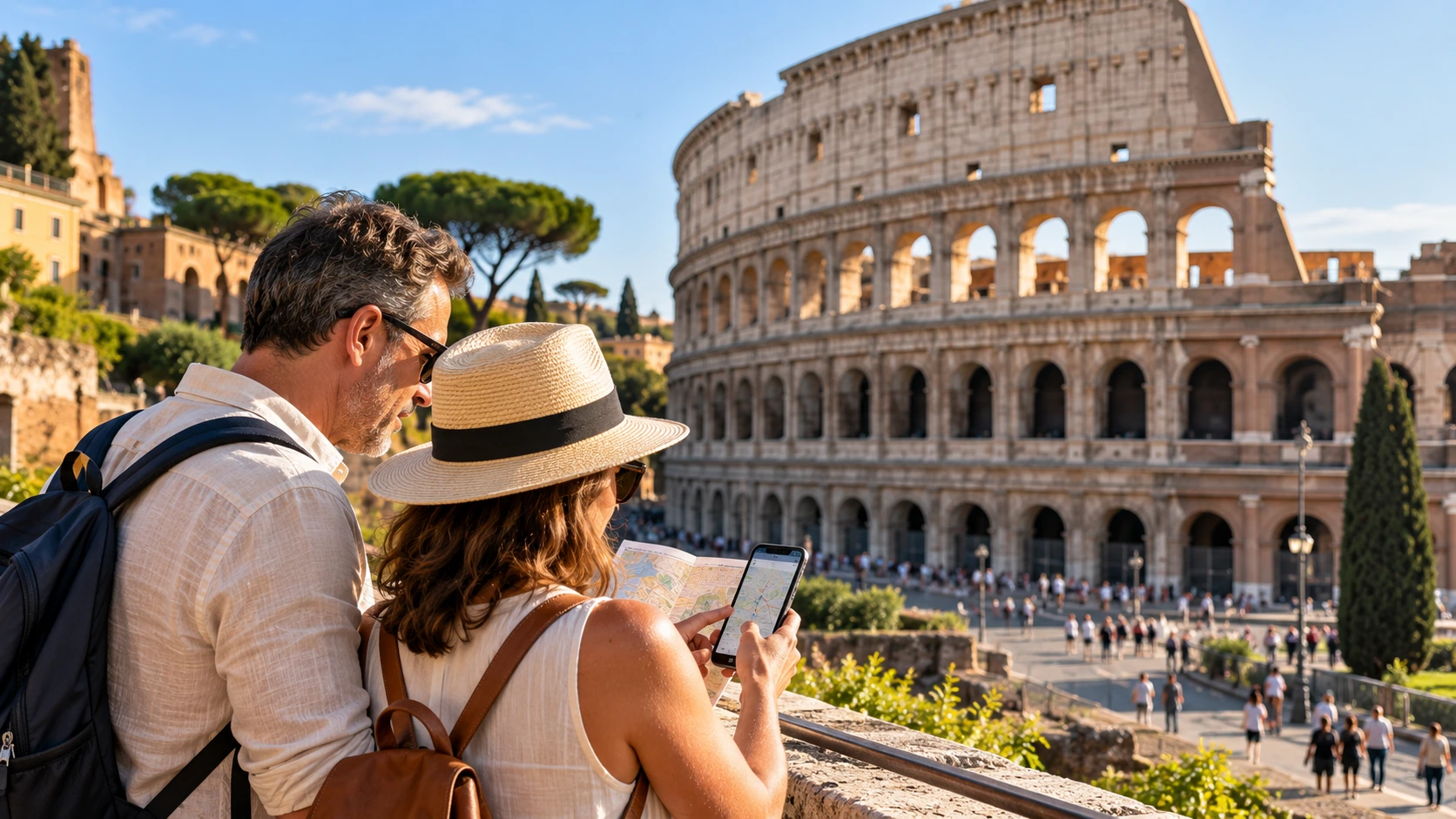 Travelers reviewing a Rome map and phone near the Colosseum while planning their sightseeing day