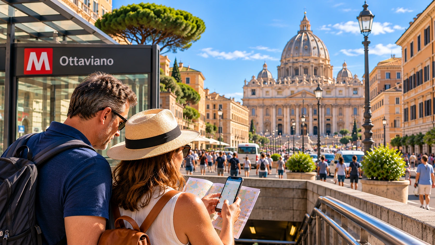 Travelers checking a map and phone beside Ottaviano Metro station with St. Peter’s Basilica in the distance