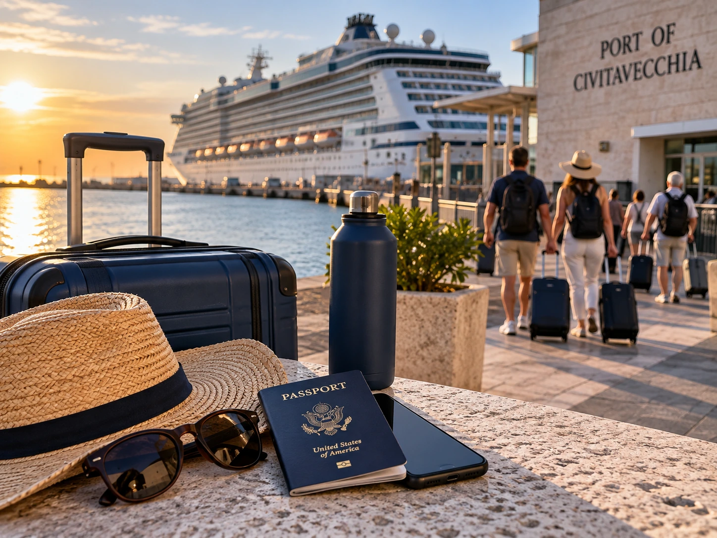 Cruise travel essentials with luggage, passport and phone overlooking Civitavecchia Port as passengers head toward a cruise ship
