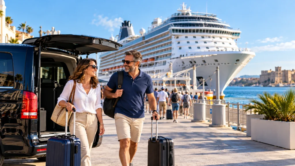 Cruise passengers arriving by private transfer at Civitavecchia with luggage and a cruise ship in the background.