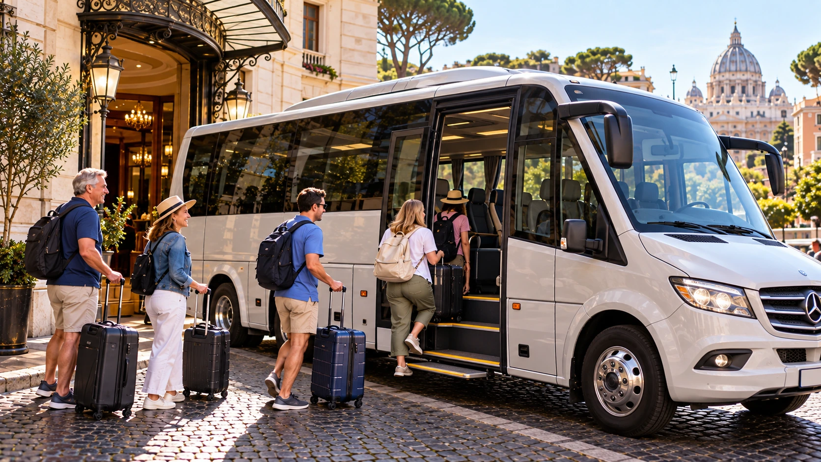 Cruise passengers boarding a shared shuttle bus in Rome with luggage for transportation to Civitavecchia
