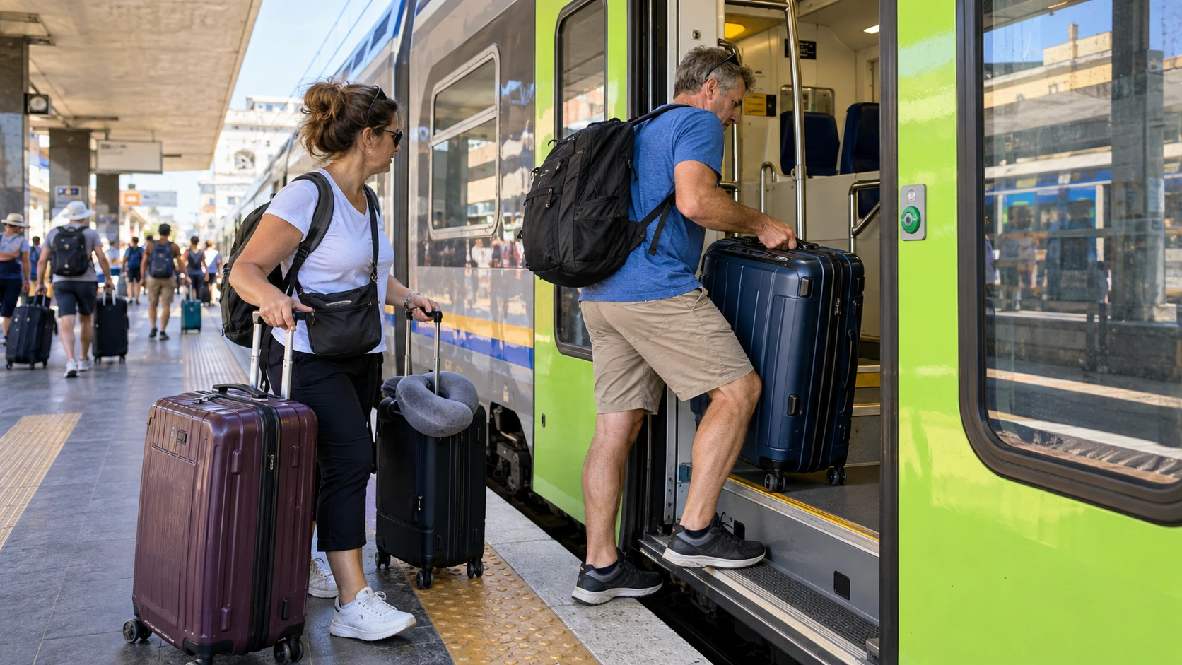 Cruise travelers lifting large suitcases onto a train while traveling from Rome toward Civitavecchia