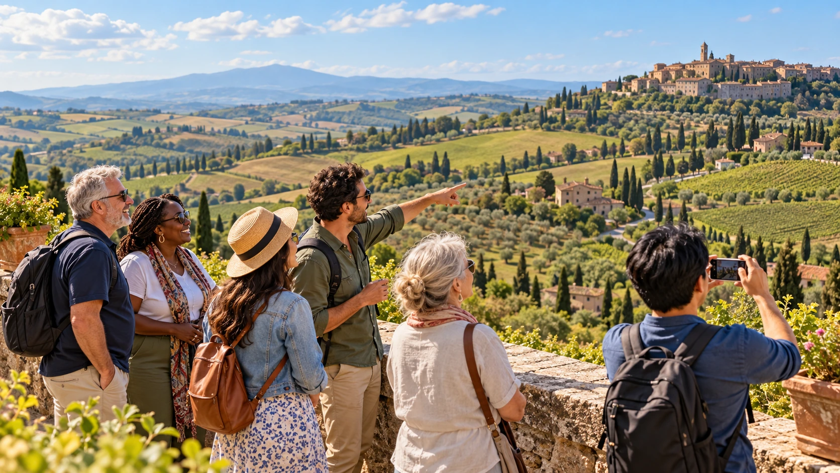Travelers overlooking rolling Tuscan hills, vineyards and a hill town during a full-day countryside excursion