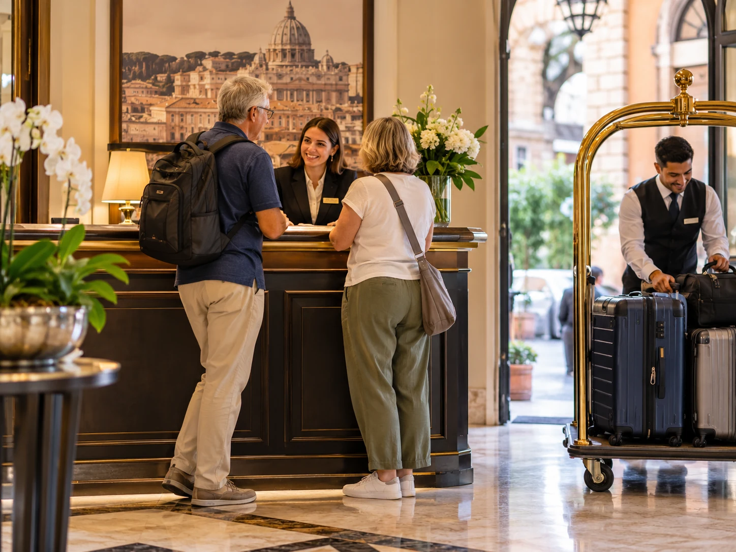 Travelers checking into a Rome hotel while a bellman handles their luggage.