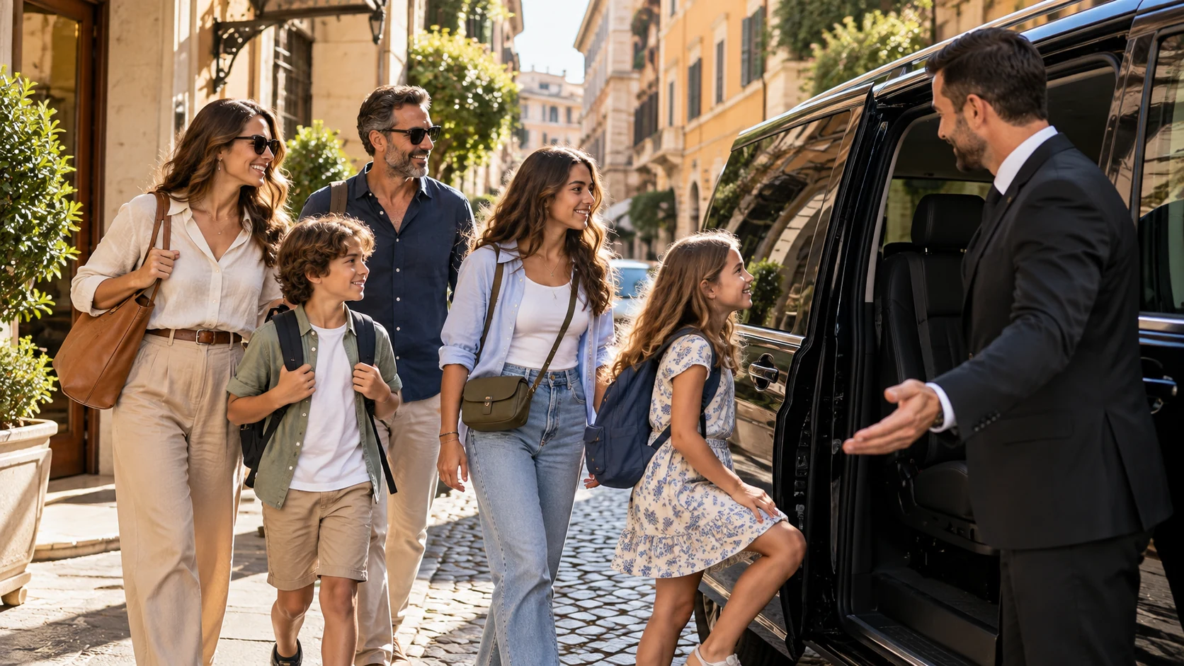 Family leaving a Rome hotel for a private day trip as a driver welcomes them to a waiting van.