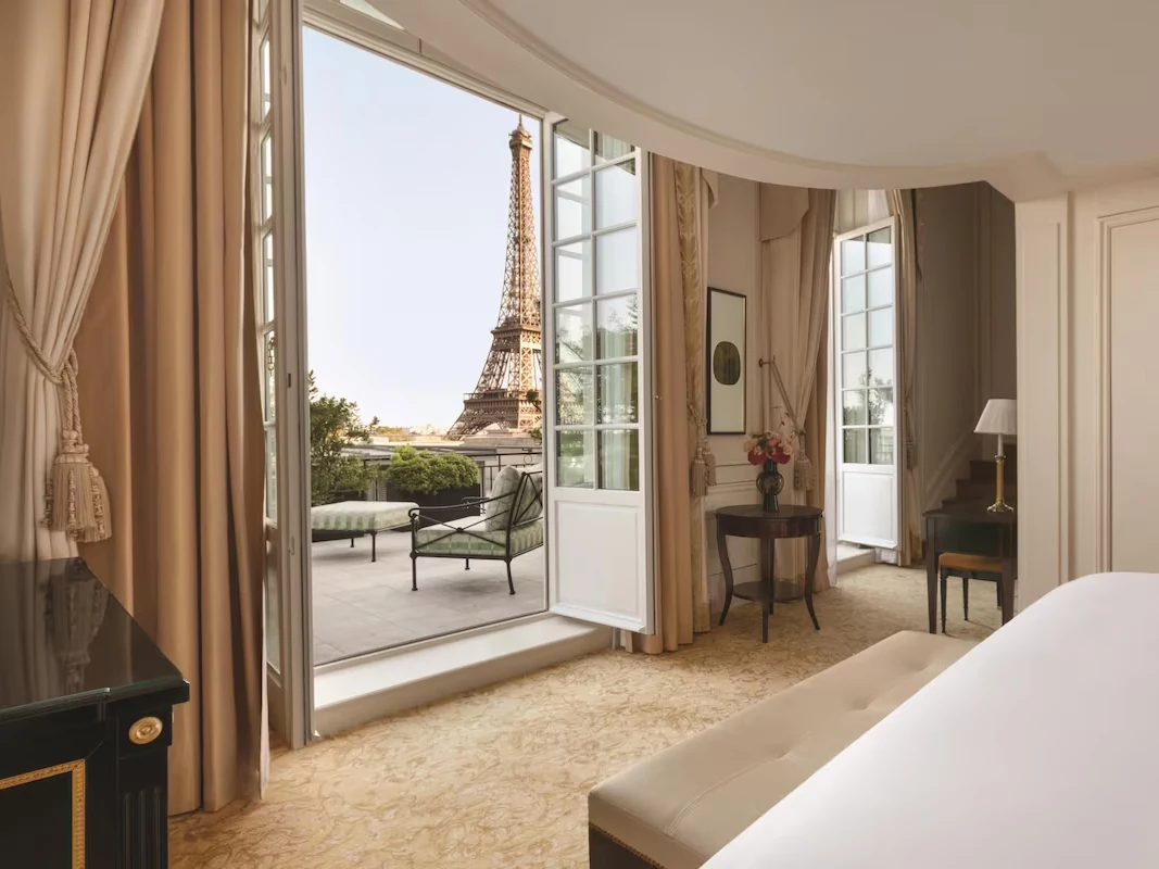 Shangri-La Paris room opening onto a private terrace with an Eiffel Tower view