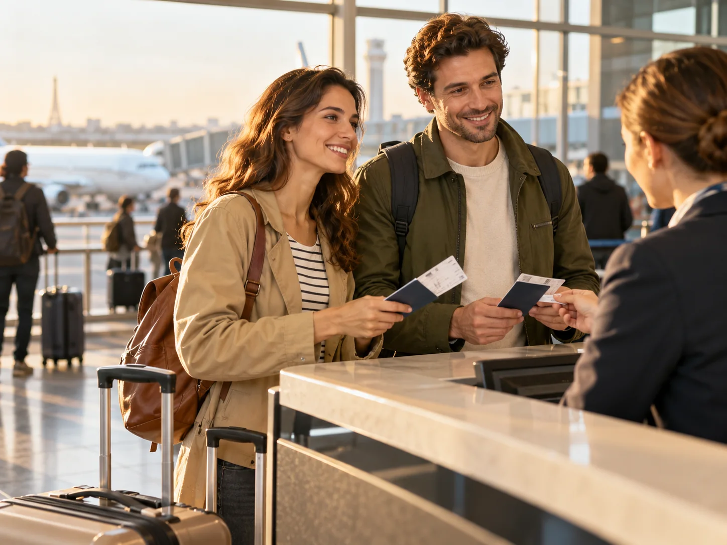Travelers presenting passports and travel documents at an airport check-in counter