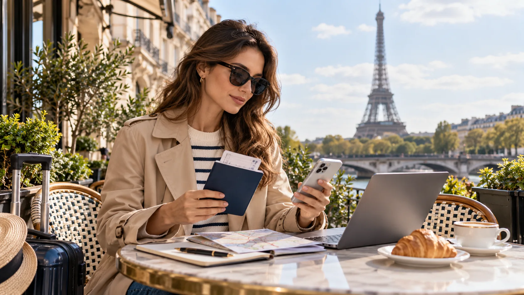 Traveler reviewing trip documents and a phone at a Paris café with the Eiffel Tower in view