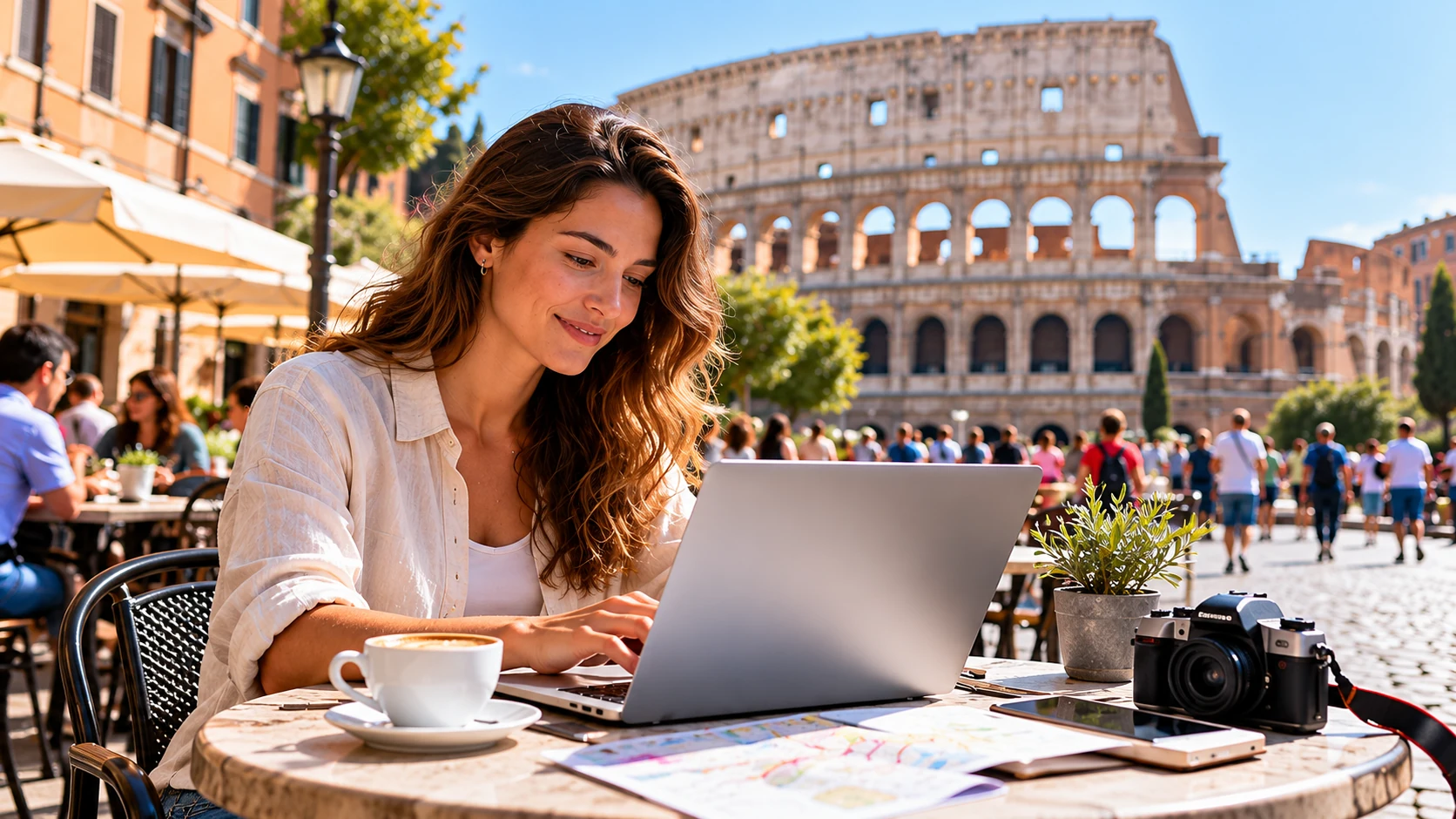 Traveler reviewing Italy vacation plans at a Rome café with the Colosseum behind her