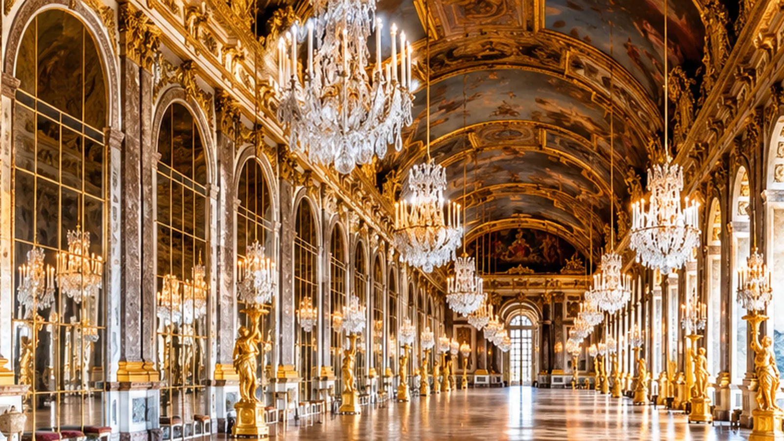 Hall of Mirrors inside the Palace of Versailles with chandeliers and gilded architectural details