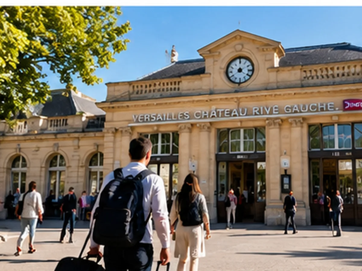 Travelers approaching Versailles Château Rive Gauche railway station for a visit to the Palace