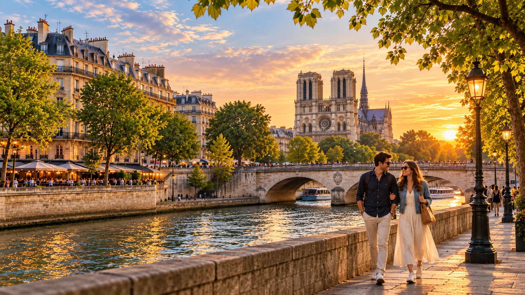 Couple walking along the Seine at golden hour with Notre-Dame in the background