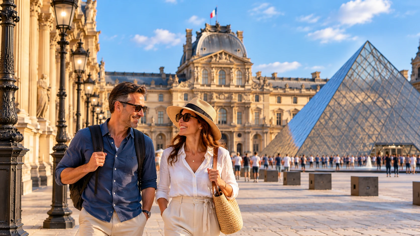 Couple walking through the Louvre courtyard with the glass pyramid and palace behind them