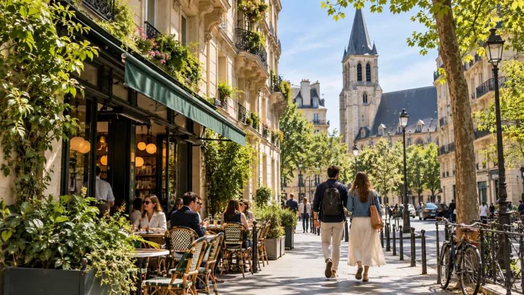 Paris café-lined street in Saint-Germain-des-Prés with travelers walking toward the historic church