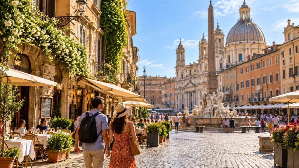 Historic streets and café-lined piazza in Rome’s Centro Storico