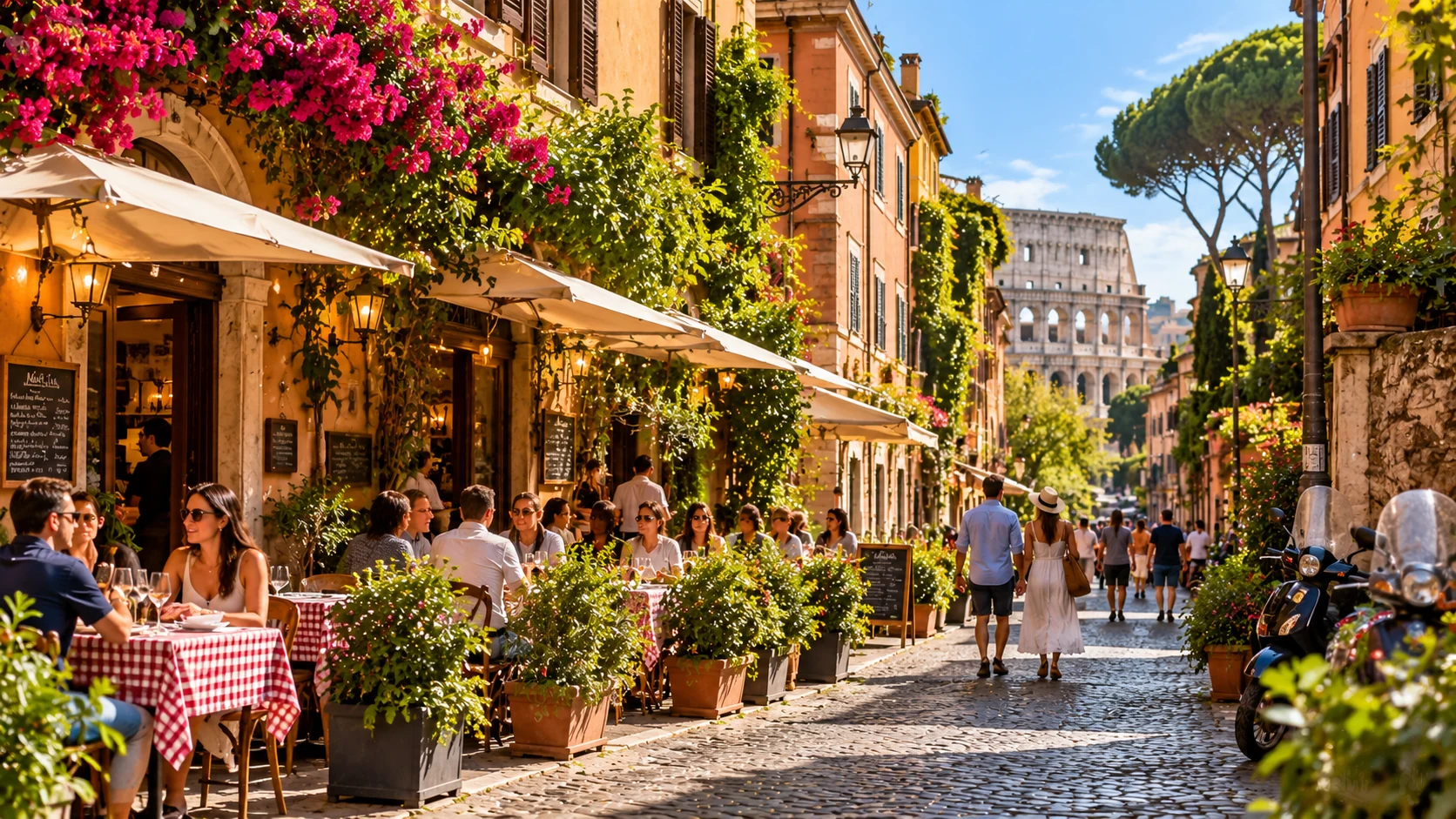 Café-lined street in Rome’s Monti neighborhood with the Colosseum nearby