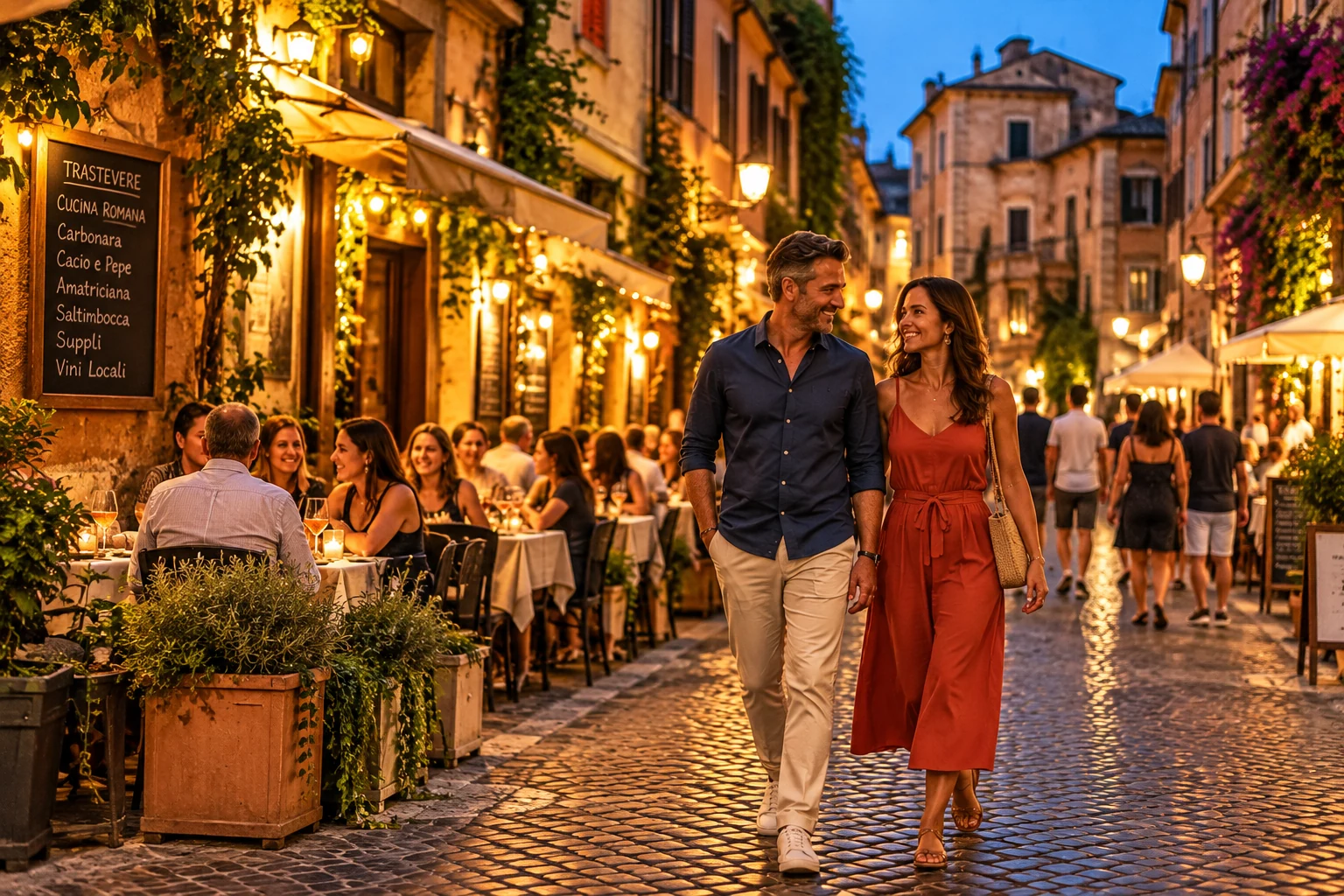 Couple walking through Trastevere in Rome at night among restaurants and cafés